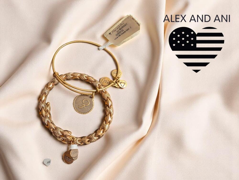 Alex and Ani Gold Bangle Bracelet Set of 2 – Rare Chain-Link + Initial "J" – NWT
